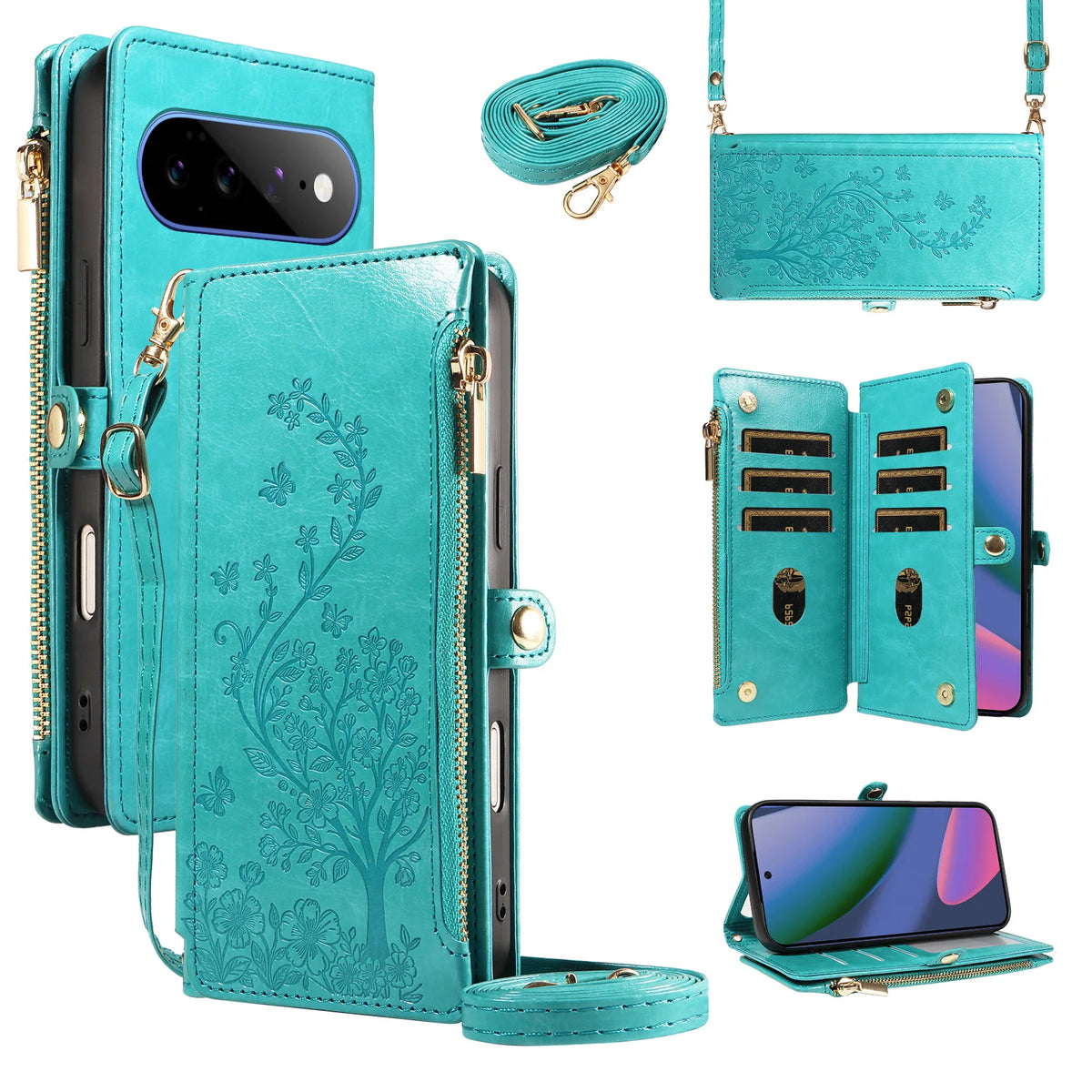 Embossed Flip Zipper Wallet Protective Case for Google Pixel 11 Pro XL 10A 9 8 7 Pro Phone Case with Cross-Shoulder Strap, Coin and Card Slots, Faux Leather Phone Cover