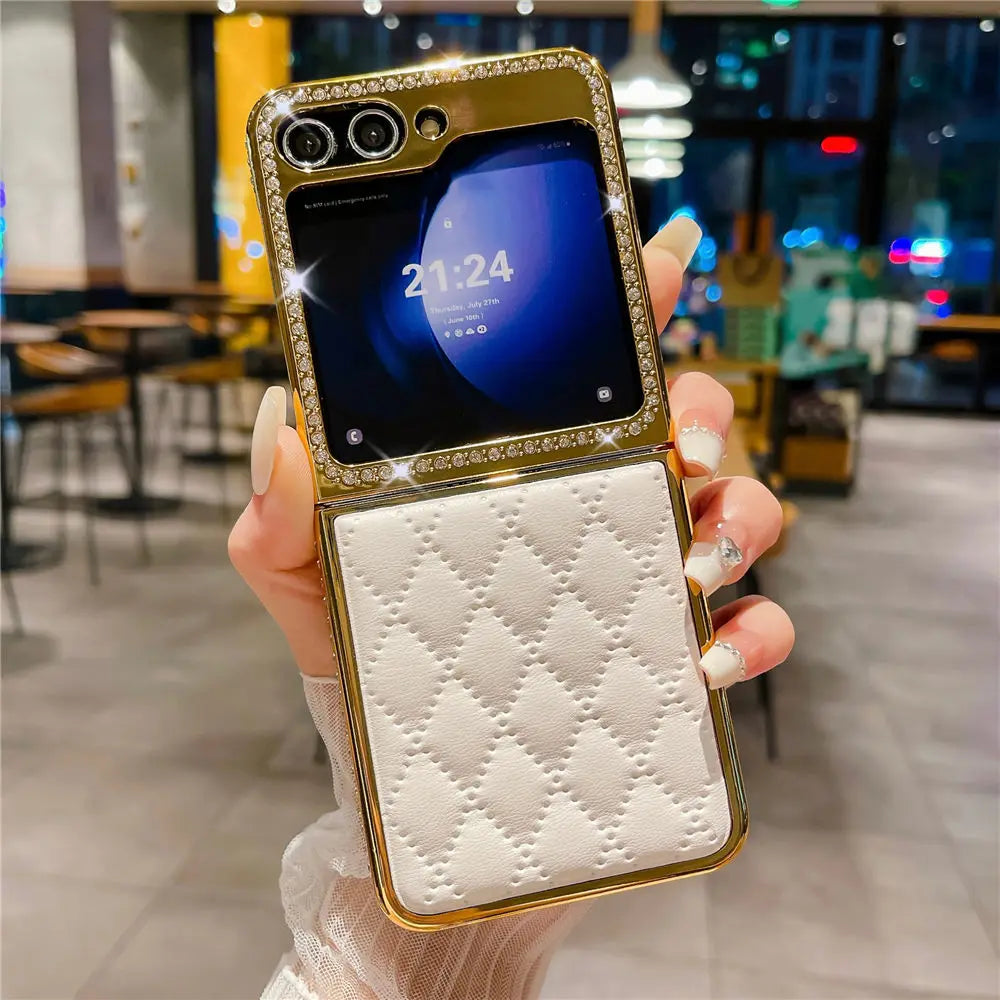 Luxury Bling Diamond Leather Plating Case For Samsung Galaxy Z Flip 6 Flip 5 Flip 3 4 Shockproof Cover Funda