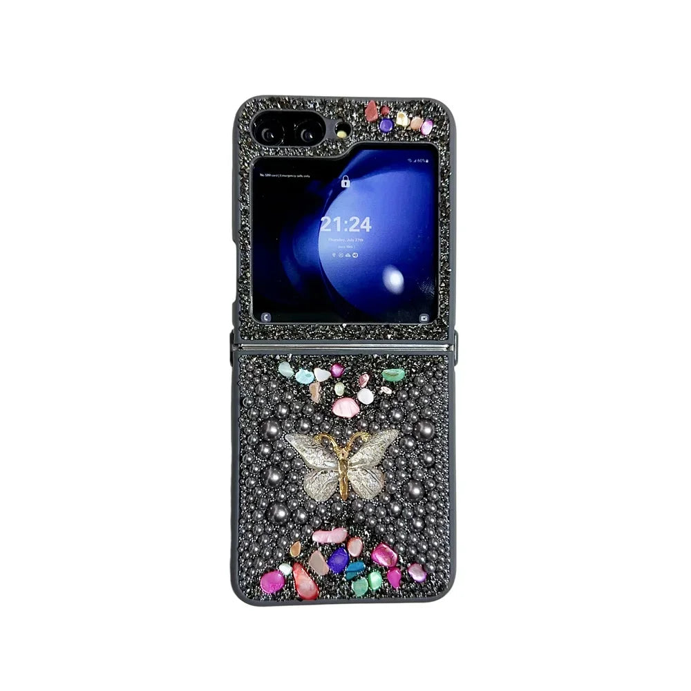 Original Slim Butterfly Jewelled Phone Case For Samsung Galaxy Z Flip 7 6 5 4 3 5G PC Hard Shell Shockproof Protector Back Cover