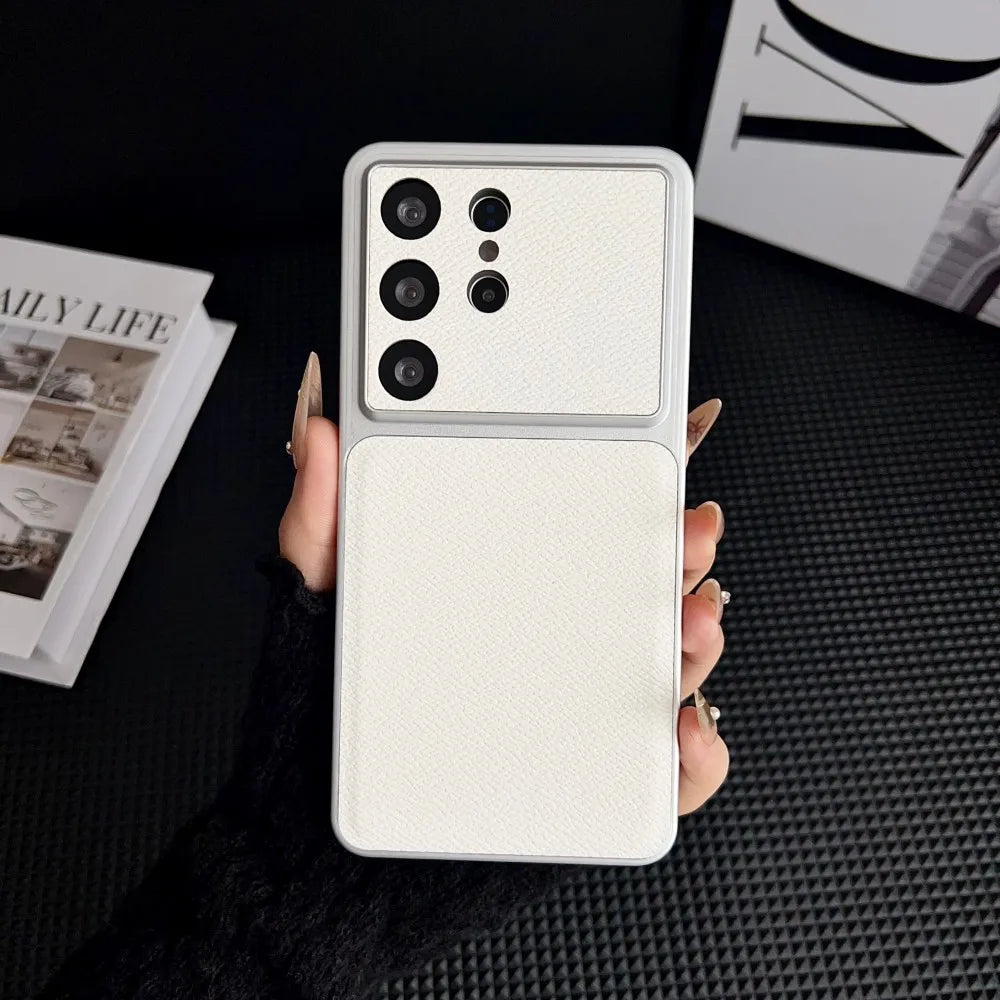 Light luxury Leather Thin Phone Case For Samsung Galaxy S26 Ultra S25 Plus S24 FE Large Window Camera Protection Matte Cover