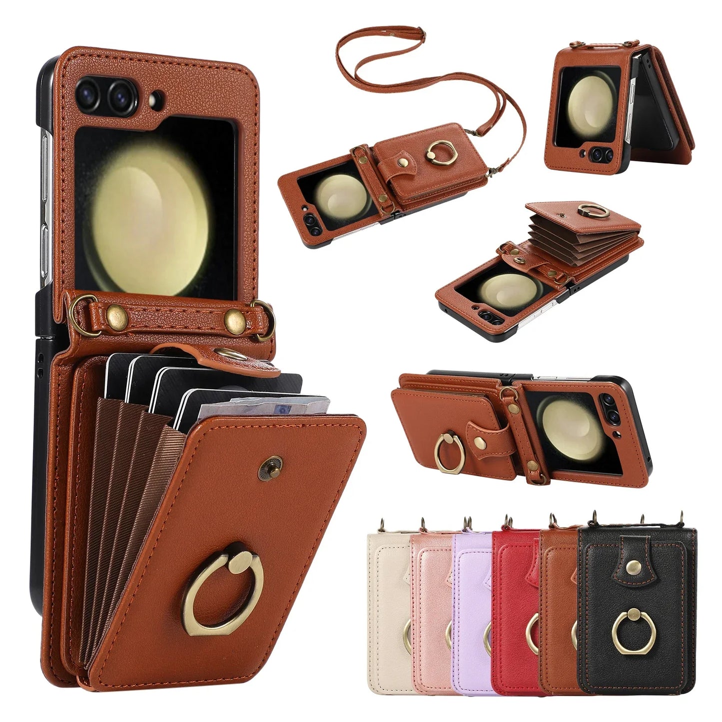 Crossbody Leather Cards Solt Wallet Bag Case For Samsung Galaxy Z Flip 6 5 4 3 5G Flip5 Finger Ring Holder Lanyard Pocket Cover