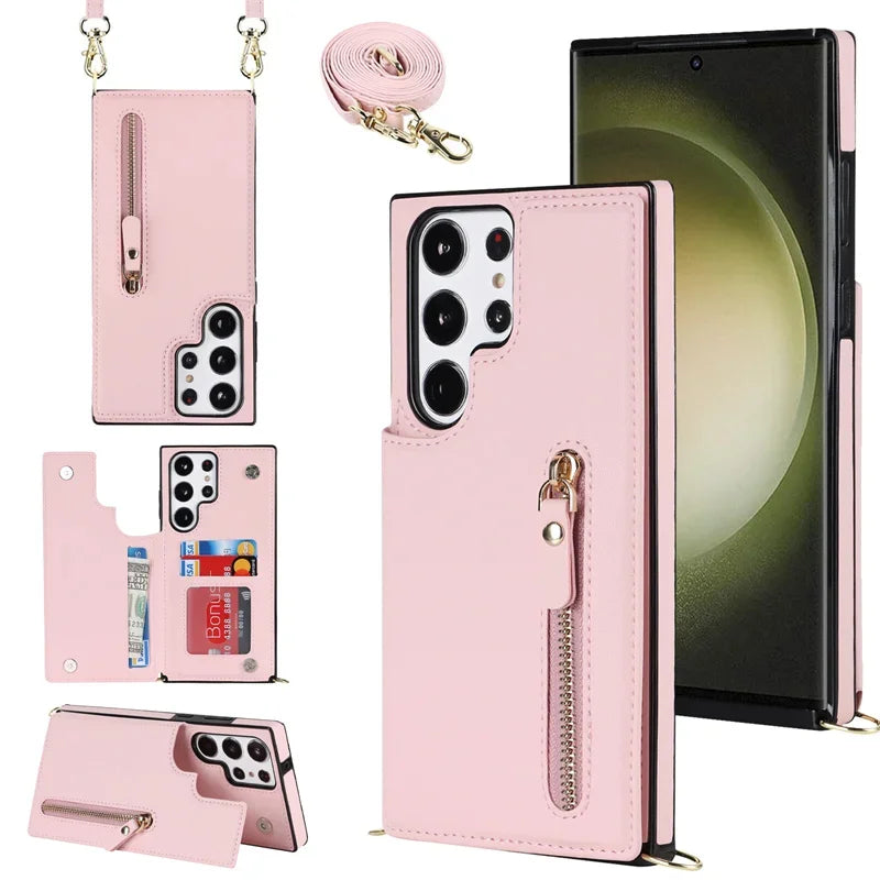 Crossbody Zipper Wallet with Card Holder Phone Case for Samsung Galaxy S23 S21FE S25 S24 S22 Plus Note 20 Ultra Leather Cover