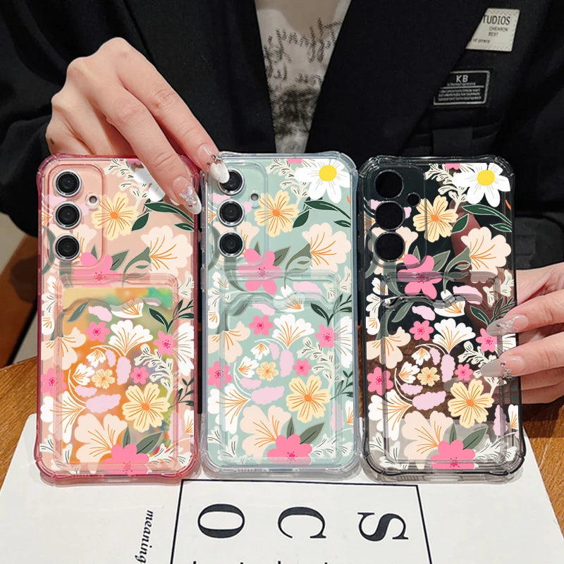 Flower Card Bag Wallet Clear Case For Samsung Galaxy S25 S24 S22 Ultra S23 S21 FE A55 A54 A35 A25 A15 A16 5G A06 TPU Phone Cover
