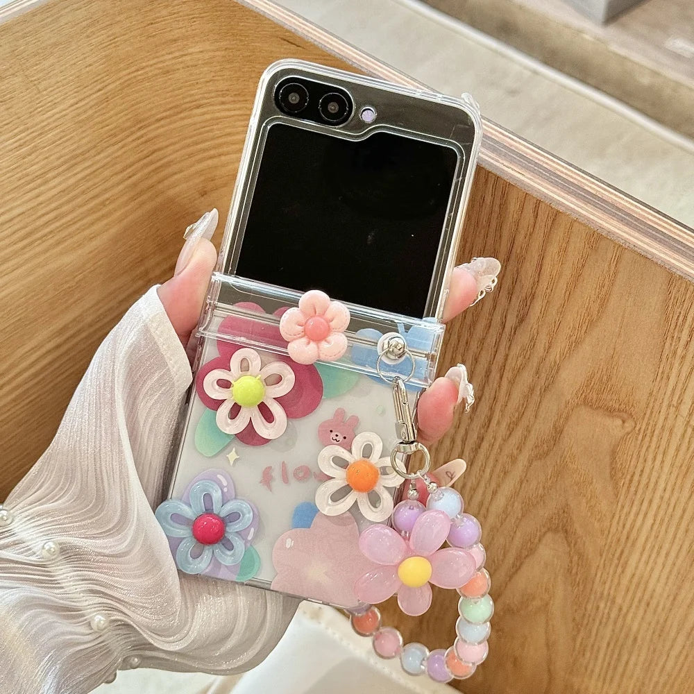 Cute 3D Flower Beads Wrist Chain Case for Samsung Galaxy Z Flip 7 6 5 zflip 3 4 Flip7 Bracelet Hard Acrylic Ins Korean Cover