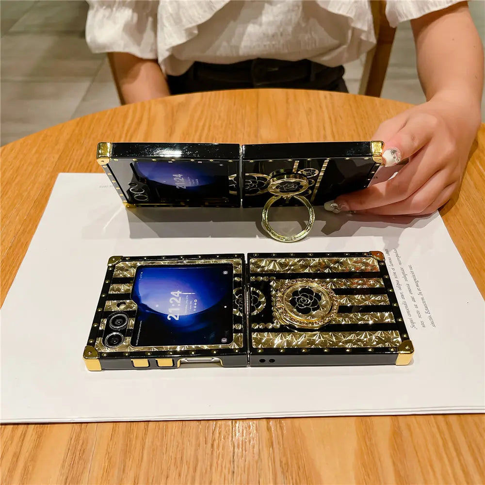 Luxury Gold Plating Flower Case For Samsung Galaxy Z Flip 6 Ring Holder Bracket Cover For Galaxy Z Flip 6