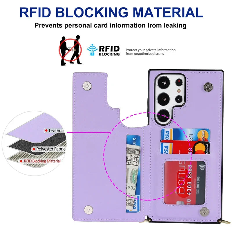 Crossbody Zipper Wallet with Card Holder Phone Case for Samsung Galaxy S23 S21FE S25 S24 S22 Plus Note 20 Ultra Leather Cover