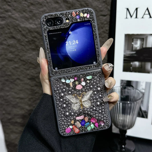 Original Slim Butterfly Jewelled Phone Case For Samsung Galaxy Z Flip 7 6 5 4 3 5G PC Hard Shell Shockproof Protector Back Cover