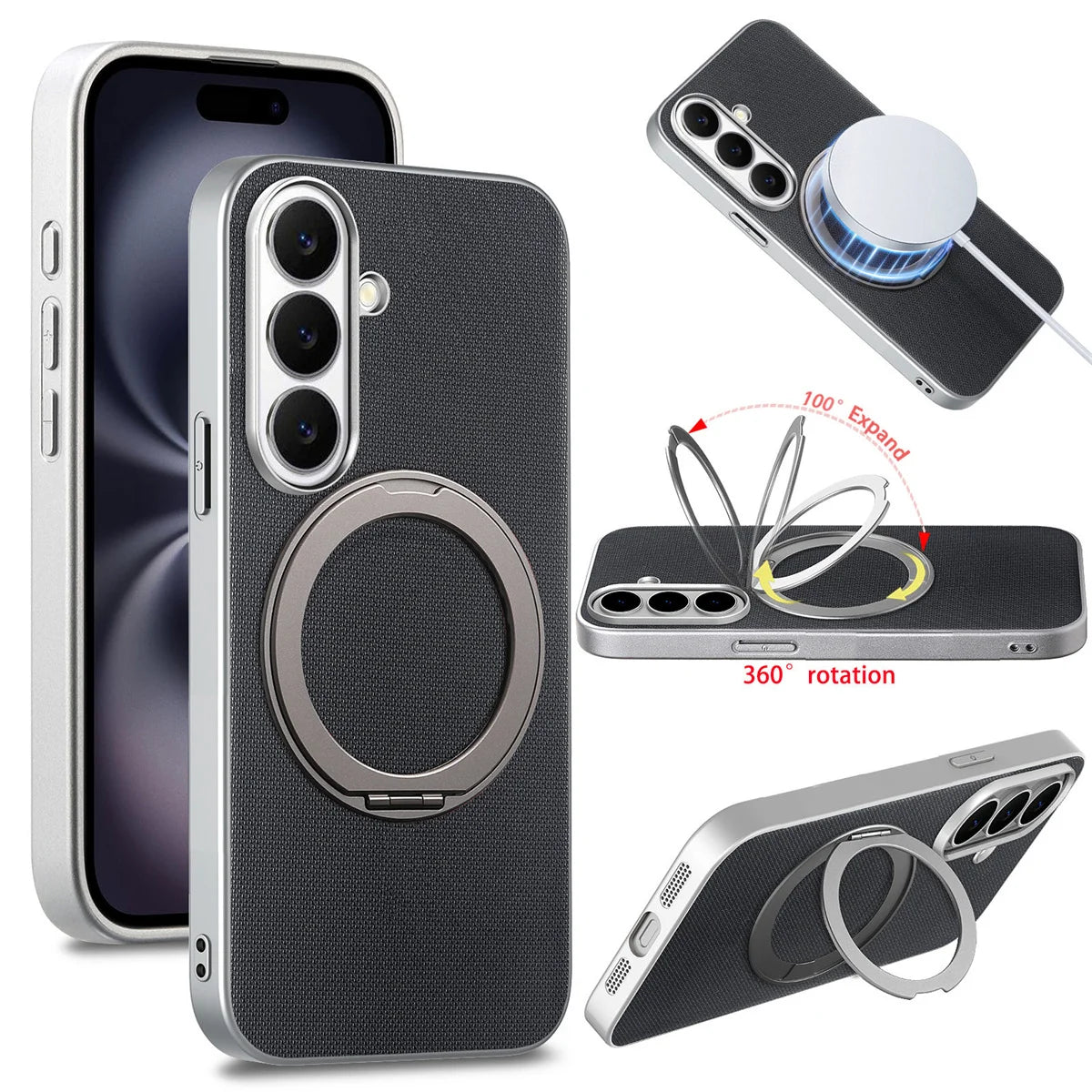For Magsafe Magnetic Rotating Bracket Phone Case for Samsung Galaxy S26 S25 Ultra Plus S25 Edge S26+ Leather Protective Cover