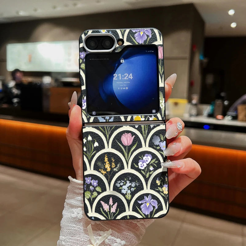 For Samsung Galaxy Z Flip 5 6 3 4 5G Cartoon Flowers Soft Case Leather Texture TPU Folding Phone Cover For Samsung Z Flip5 Flip4