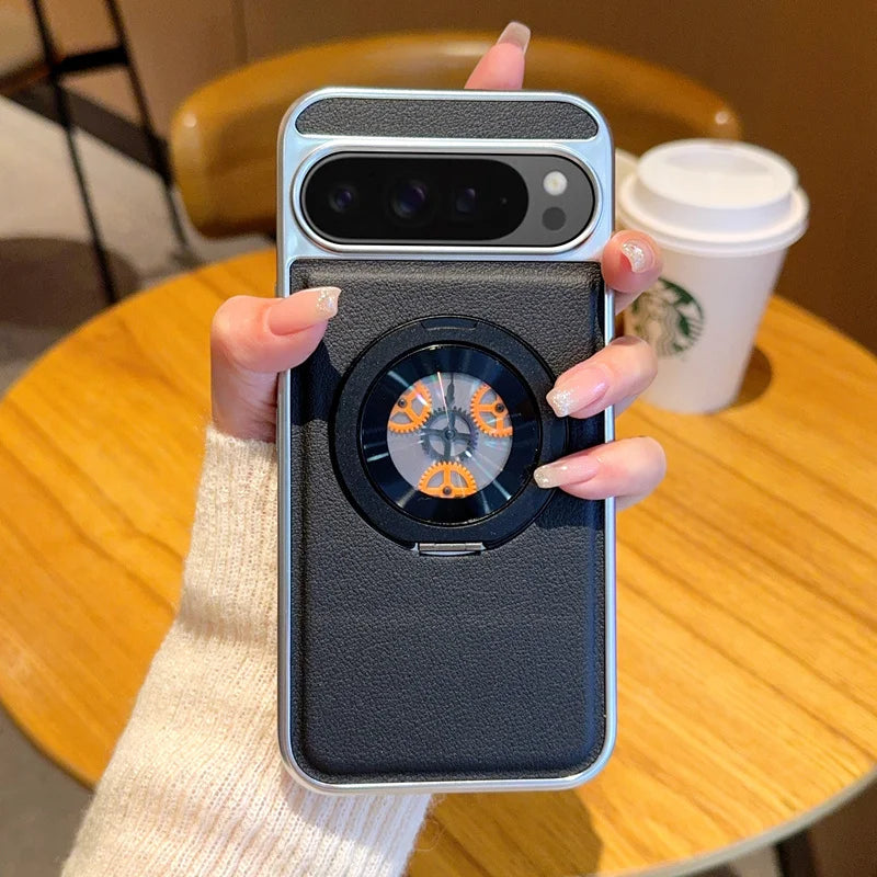 For Google Pixel 8 9 10 Pro XL 9A Magnetic rotatable  Kickstand Gear relieve stress Hybrid TPU+PC PU Leather Luxury Back Case