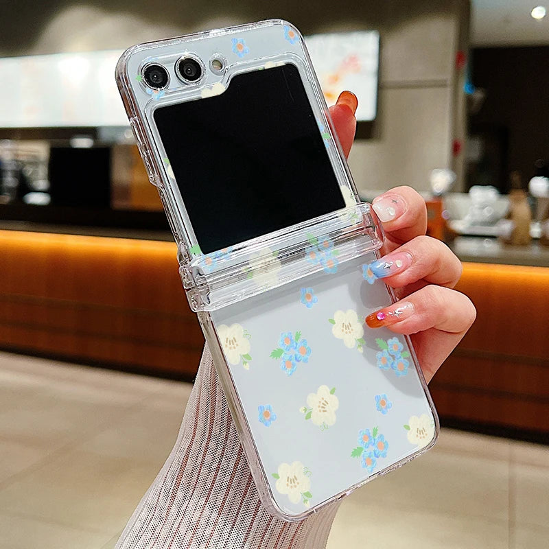 Hinged Simple Style Small Flower Case For Samsung Galaxy Z Flip 6 5 4 3 Clear Hard Folding Cover For Samsung Z Flip6 Flip5 Flip4