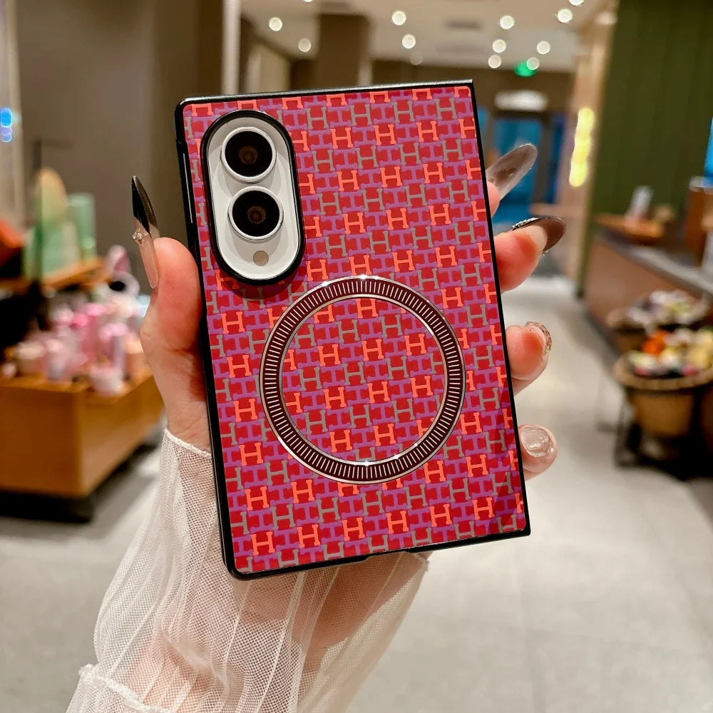 For Magsafe Magnetic Phone Case For Samsung Galaxy Z Fold 8Ultra Double Axis Rainbow Bridge Leather Grain Hinge Shockproof Cover