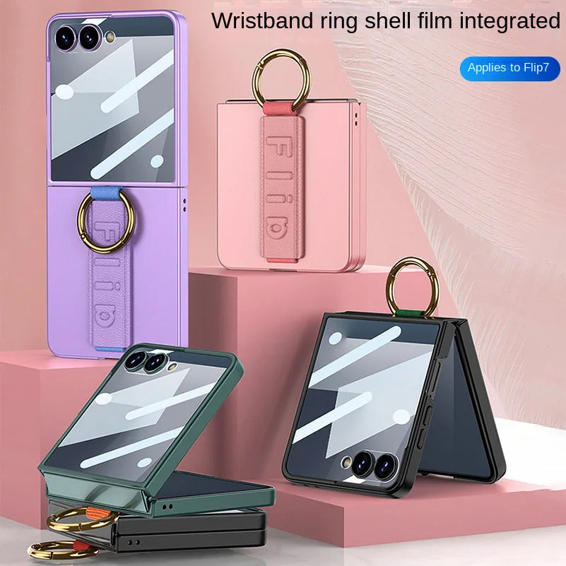 Wrist Strap with Metal Ring Glass Protector All-inclusive Phone Case for Samsung Galaxy Z Flip 7 flip7 Camera Protect Cover