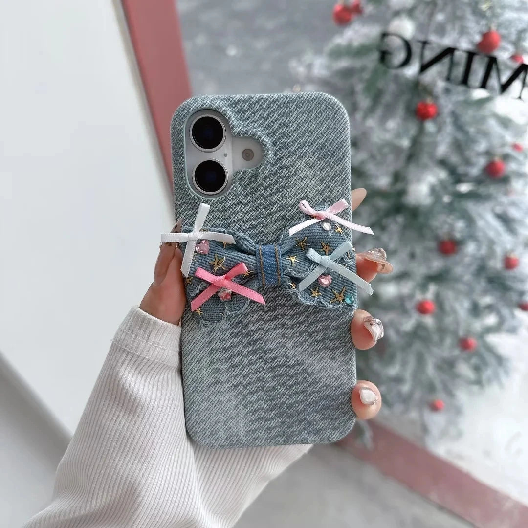 Sweet Bow Denim Stand Case Hard Back Cover for Google Pixel 7 7A 8 8A 9 9A 9 Pro XL10 10Pro with Adorable Bow Kickstand, Bracket