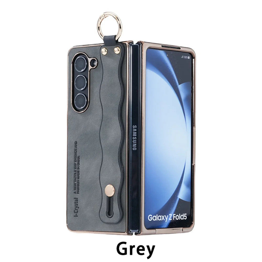 for Z Fold 7 Fashion Wave Wristband Leather Folding Case For Samsung Galaxy Z Fold 3 4 5 6 Zfold6 Fold7 Ring Buckle Holder Cover