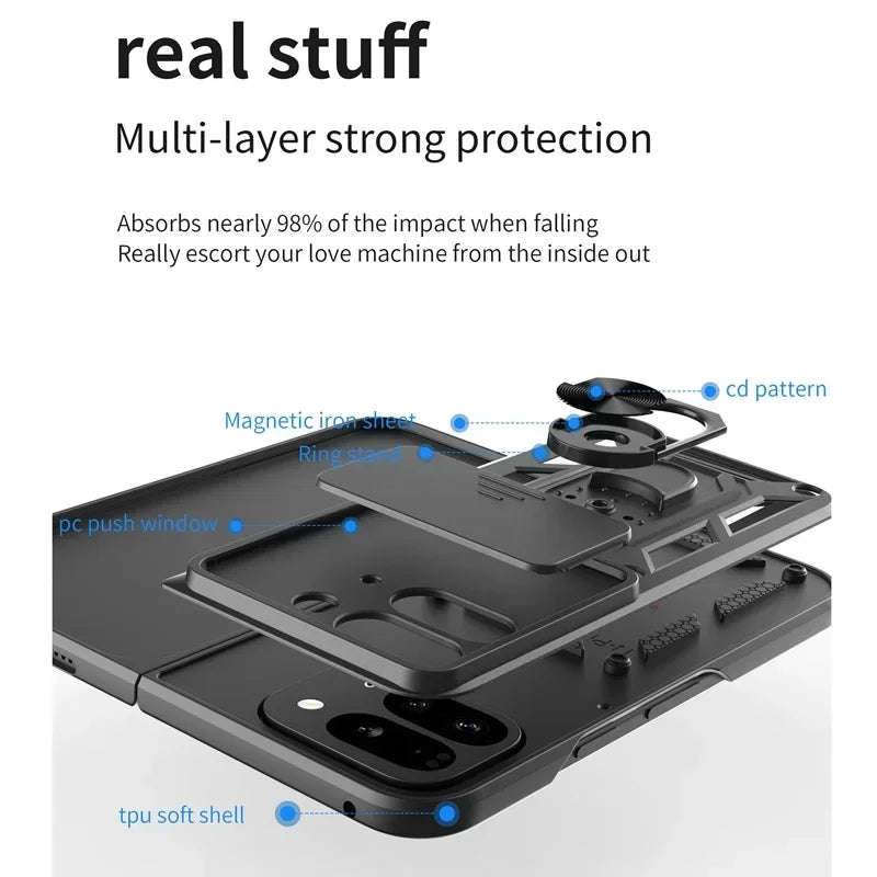 Full Camera Lens Protection Phone Case For Google Pixel 9 Pro Fold 5G Armor Metal Rotating Ring Silicone Soft Back Cover Cases
