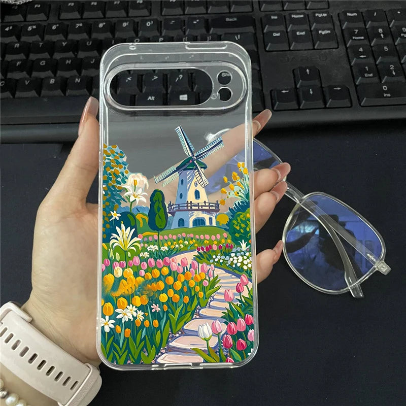 Coffe House Flower Landscape Phone Case For Google Pixel 9 Pro XL 10 8A 8 7 Pro 8 7 6A 5G Japan Anime Scenery Clear Soft Cover