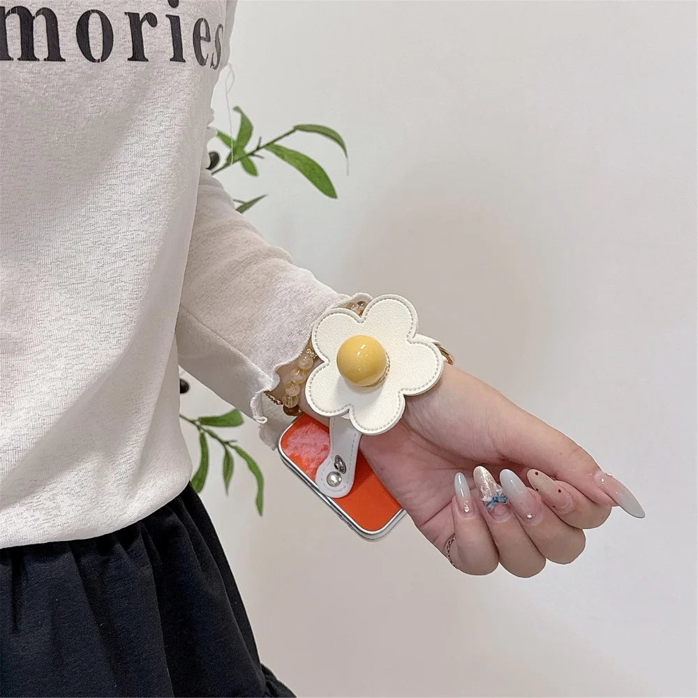 3D Flowers Leather Wrist Strap Phone Case For Samsung Galaxy Z Flip 7 6 5 4 3 Flip6 Z Flip7 Plating Silver Frame Ice Silk Cover