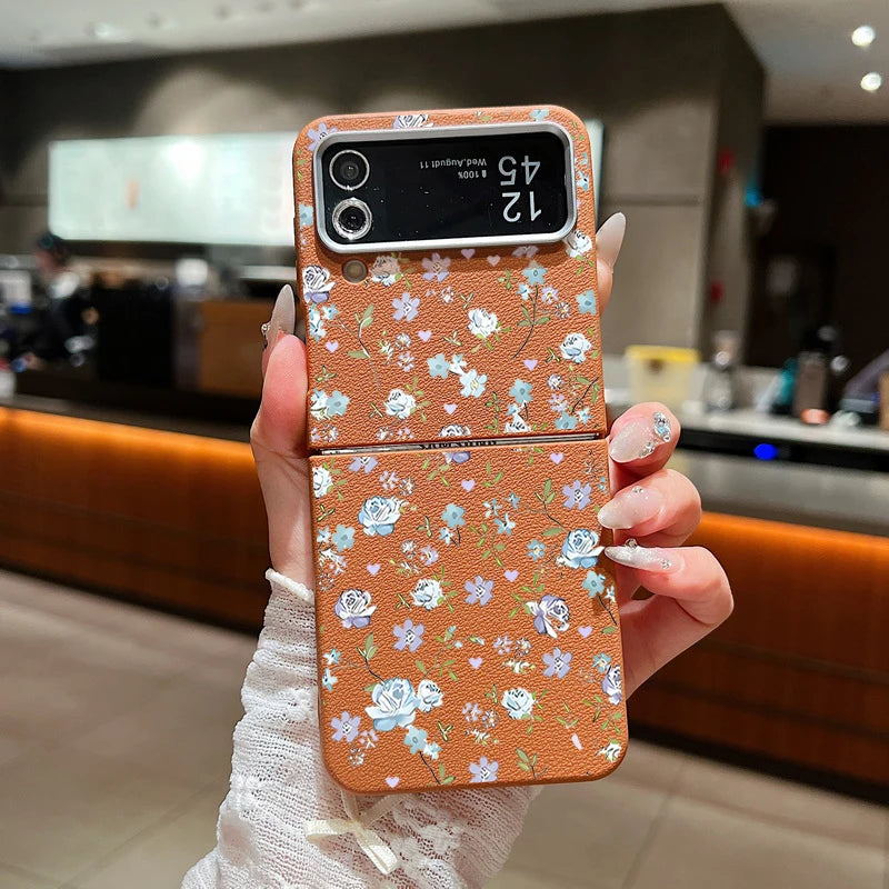 Romantic Garden Flower Case For Samsung Z Flip4 Flip5 Flip6 5G Leather Texture TPU Folding Cover For Samsung Galaxy Z Flip 3 4 5