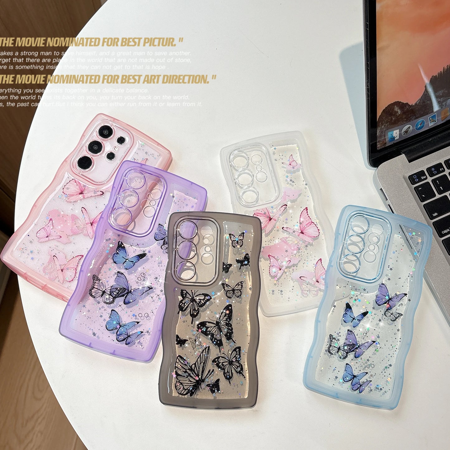 Glitter Starry Sky Butterfly Resin Irregular Wavy Edge Phone Case for Samsung Galaxy S 22 23 24 25 Ultra Plus FE Anti-drop Cover