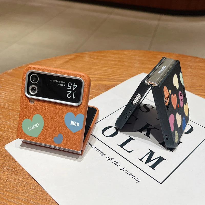 For Samsung Galaxy Z Flip 6 5 4 3 5G Leather Texture Phone Case Love Heart Pattern Soft TPU Folding Cover For Samsung Z Flip5