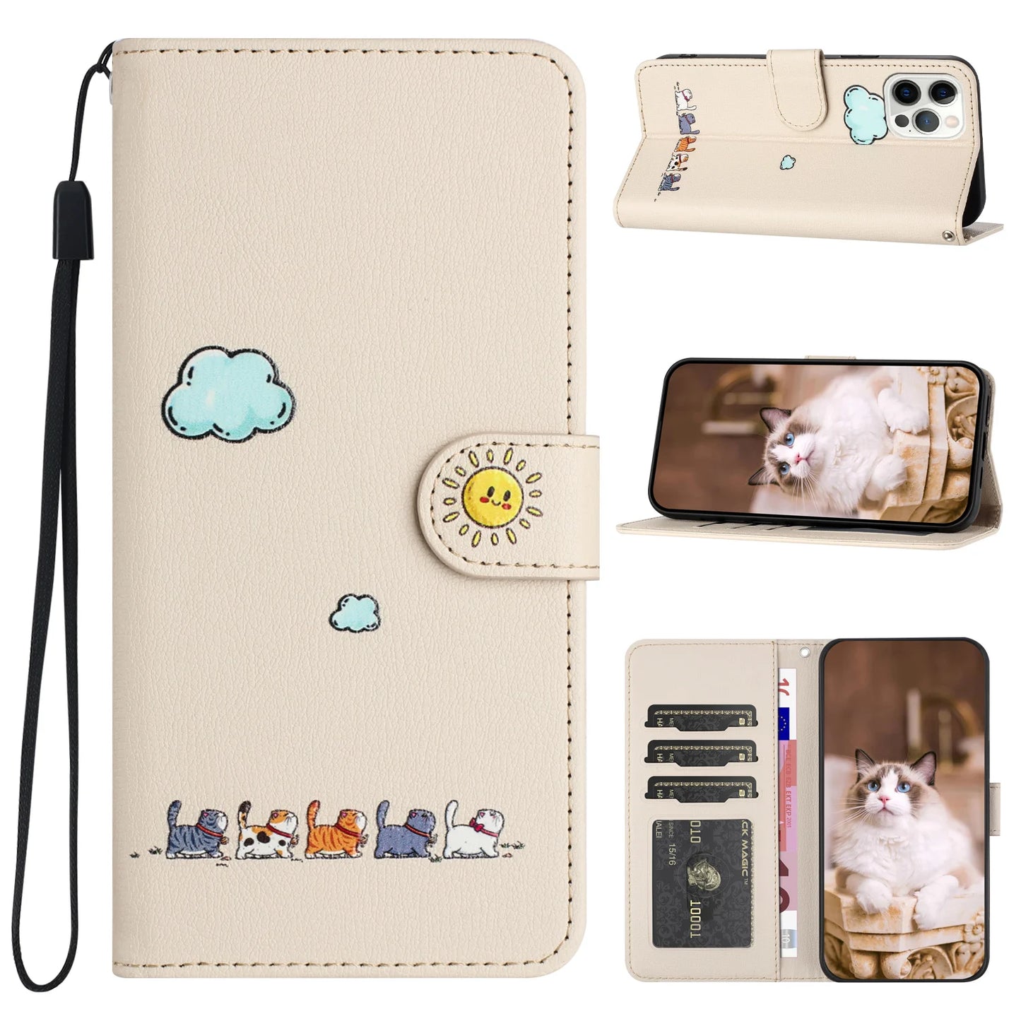 Leather Cat Phone Wallet Case Book Kickstand For Google Pixel 9 8 7 Pro 8A 7A 9A,Sony Xperia 1 10 V 5G Card Slot Cute Flip Cover