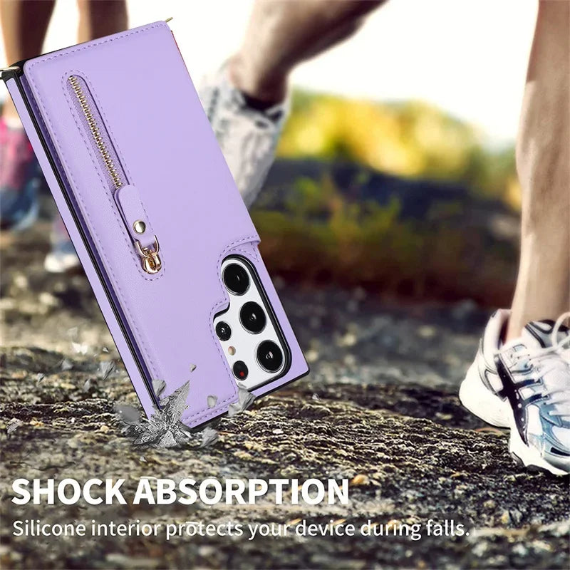 Crossbody Zipper Wallet with Card Holder Phone Case for Samsung Galaxy S23 S21FE S25 S24 S22 Plus Note 20 Ultra Leather Cover
