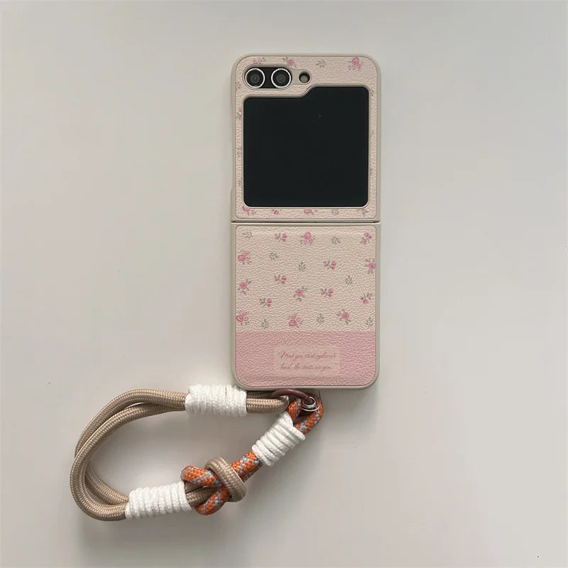 Phone Case For Samsung Galaxy Z Flip 3 4 5 Z Flip5 ZFlip5 Ins Flower Knot Portable Rope Shockproof Cover With Lanyard