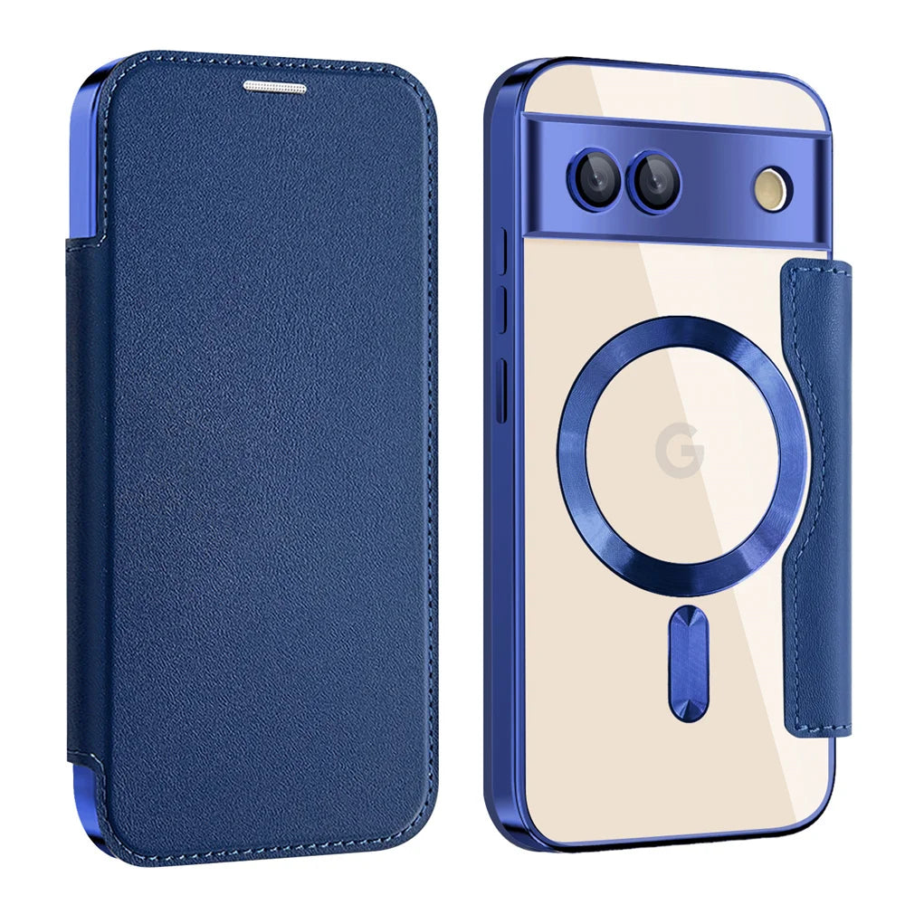 Luxury Leather Wallet Card Clip Magnetic Clear Phone Case for Google Pixel 9 Pro XL 8A 7A Plating Wireless Charging Flip Cover