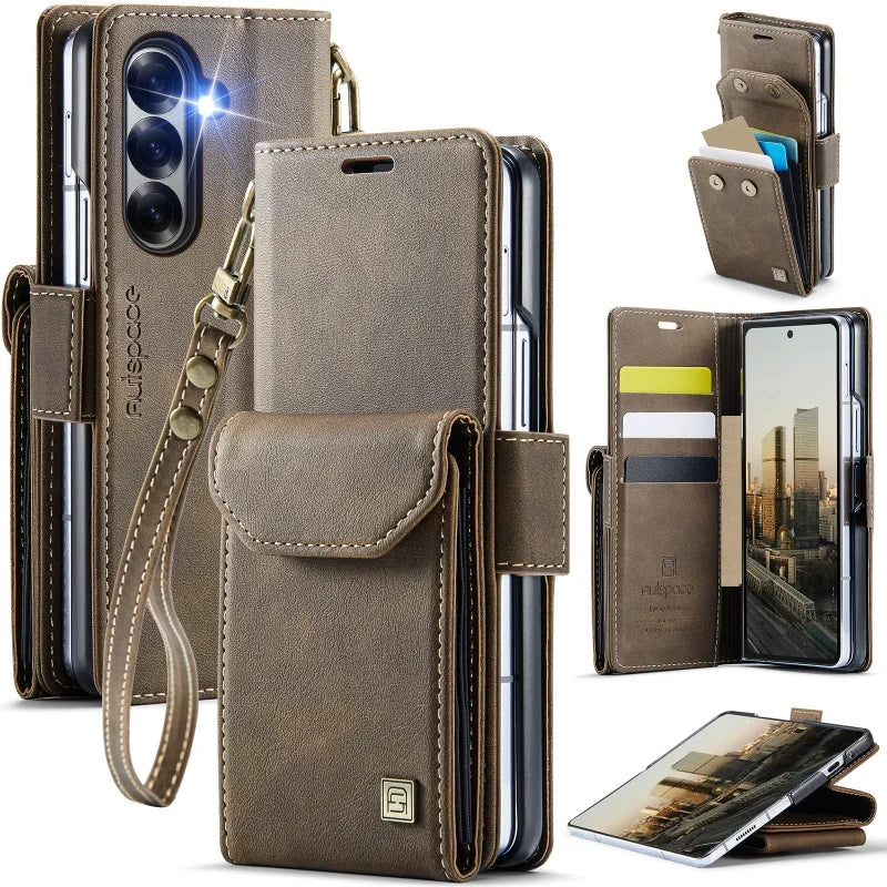 Wrist Strap Leather Wallet Phone Case for Samsung Galaxy Z Fold 8 Ultra 7 6 5 Fold8 Fold7 Fold6 Cards Holder Funda Cover Hoseje