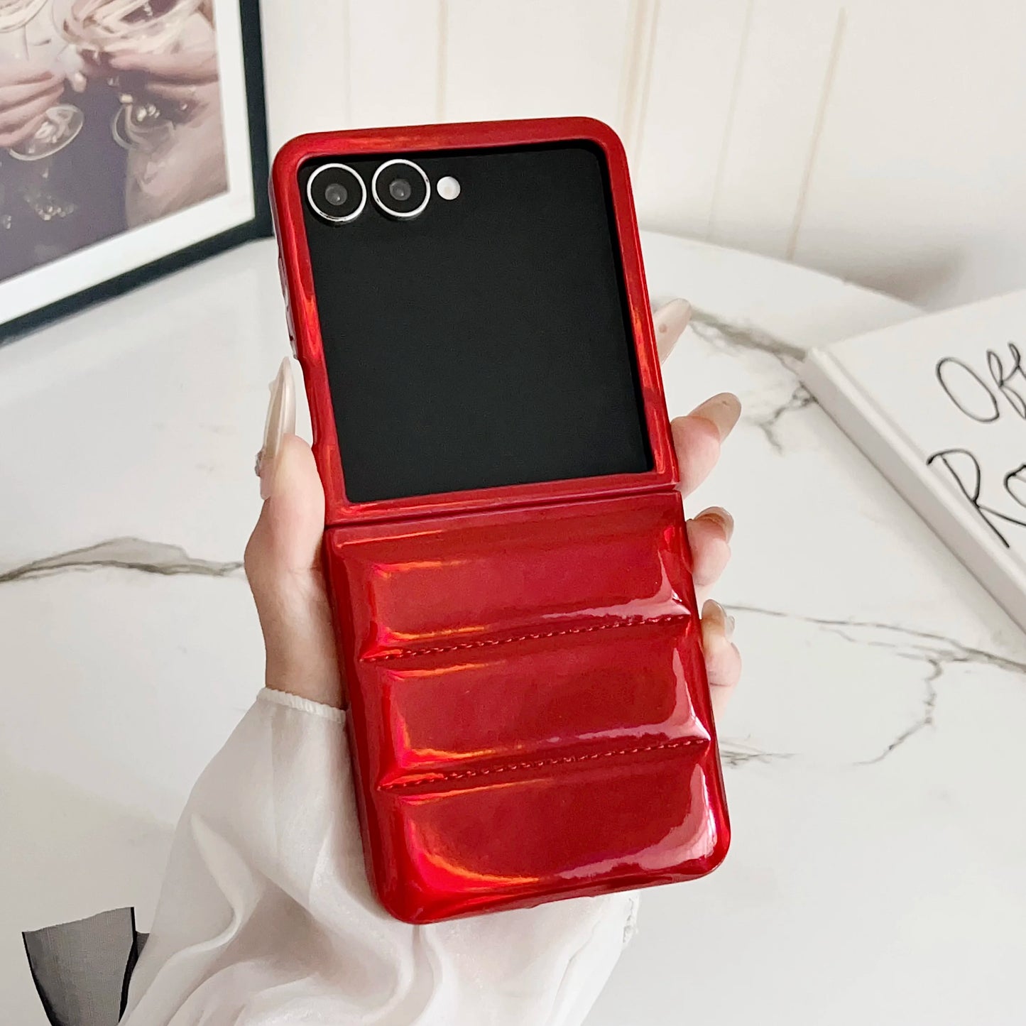Korean Ins Glossy Leather Down Jacket Phone Case For Samsung Galaxy Z Flip 7 6 5 4 3 Solid Color Shockproof Protetion Back Cover