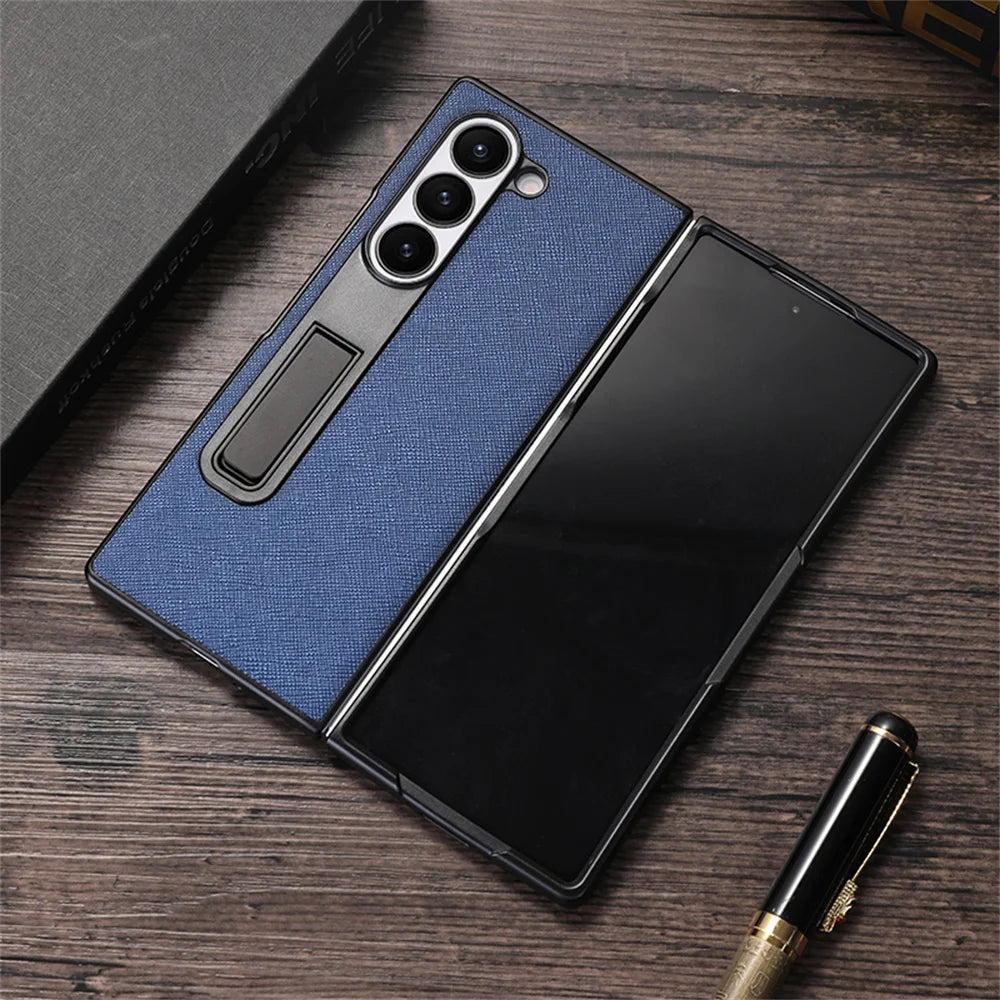 For Samsung Galaxy Z Fold 6 5 Luxury Leather Invisible Stand Holder Case Shockproof Bumper Back Cover For Galaxy Fold 4 3 Fold 6