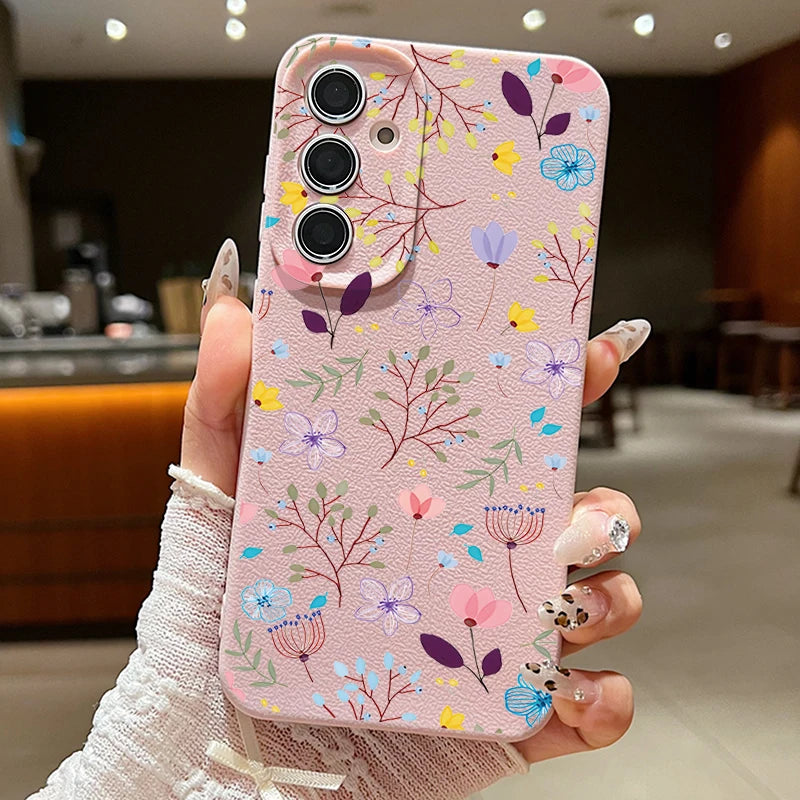 Floral Flowers Leather Texture TPU Case For Samsung Galaxy S24 FE S25 S23 S22 Ultra A16 A55 A15 A54 A35 A25 A56 5G Phone Cover