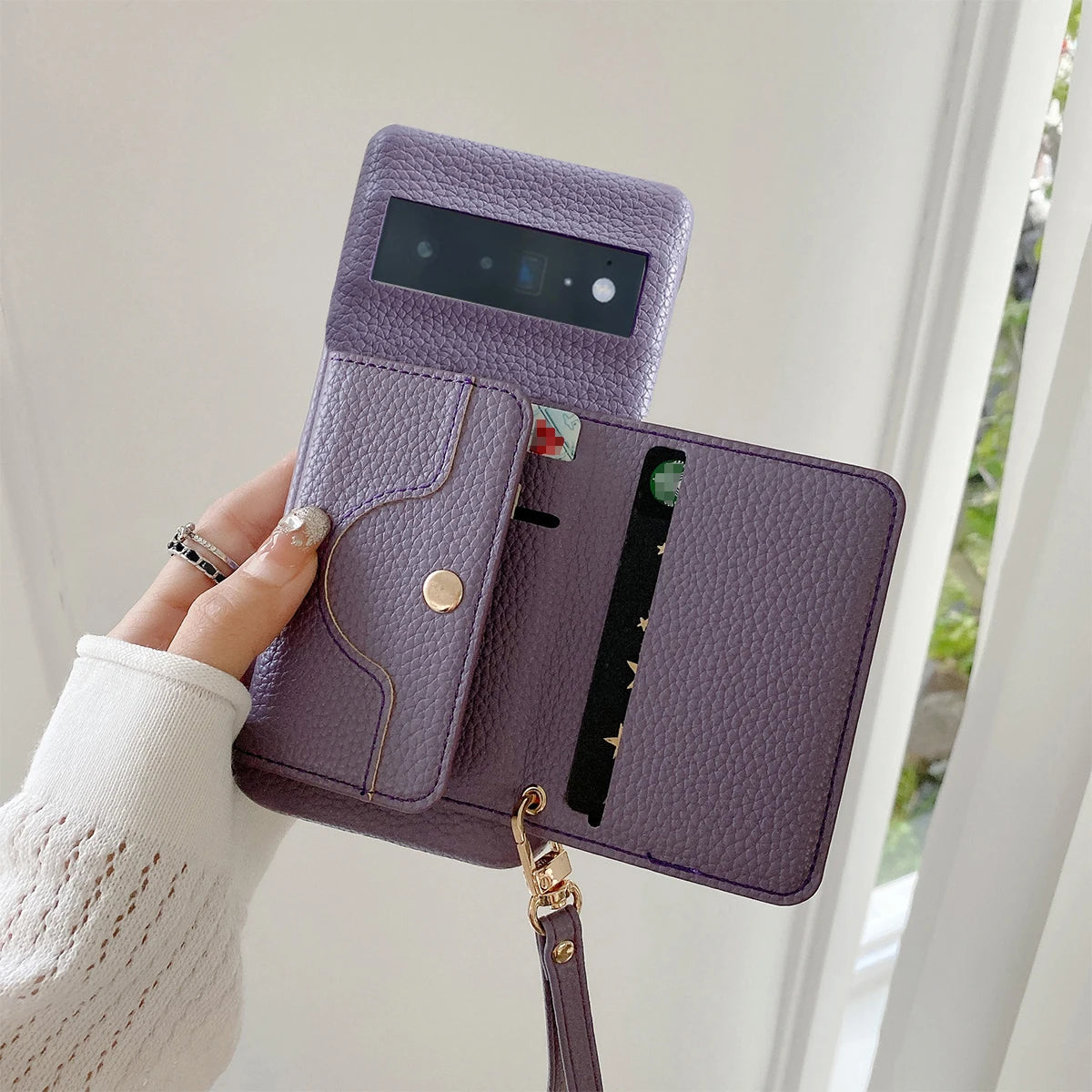 Luxury Litchi Peel Pattern PU Leather Case For Google Pixel 8 7 6 Pro 4 XL Small Mirror Card Holder Lanyard Wallet Cover