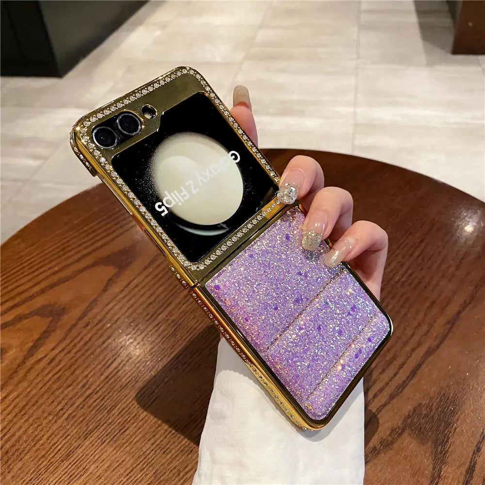 Luxury Bling Diamond Leather Plating Case For Samsung Galaxy Z Flip 6 Flip 5 Flip 3 4 Shockproof Cover Funda