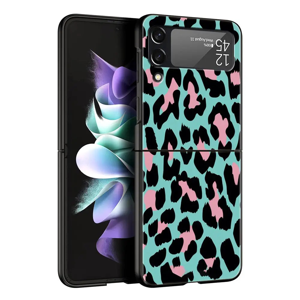 Leopard Print Pattern Phone Case For Samsung Galaxy Z Flip3 Flip4 Flip5 Shell For Z Flip 3 Flip 5 4 5G Black Hard Folding Cover