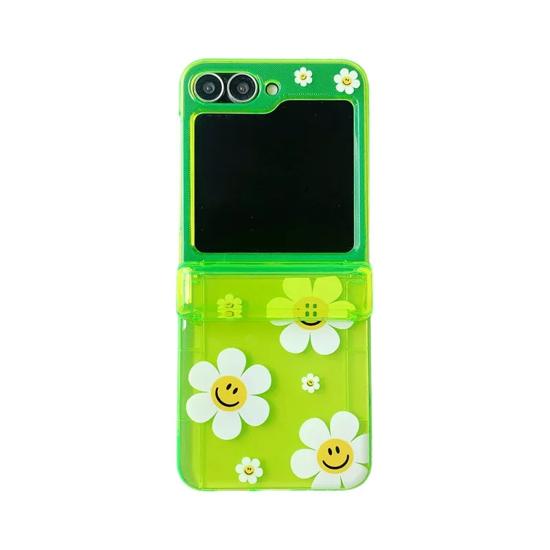 Phone Case For Samsung Galaxy Z Flip 7 FE 6 5 4 3 Fluorescent Green Insert Cards Cute Flower Stand Bracelet Shockproof Cover