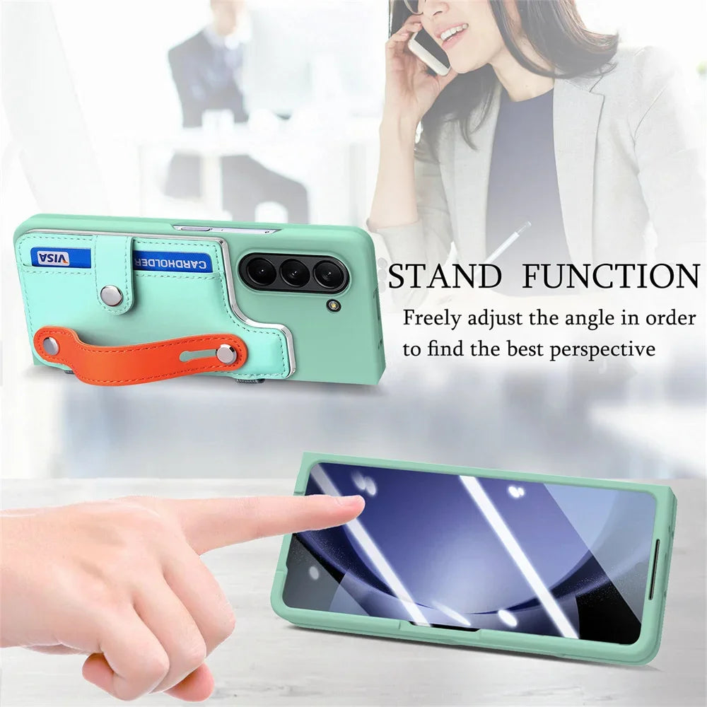 For Samsung Galaxy Z Fold 6 5 Fold6 Fold5 5G Card Slot Wallet Case with Pen Holder & Screen Protector Wrist Strap Cover(NO Pen)