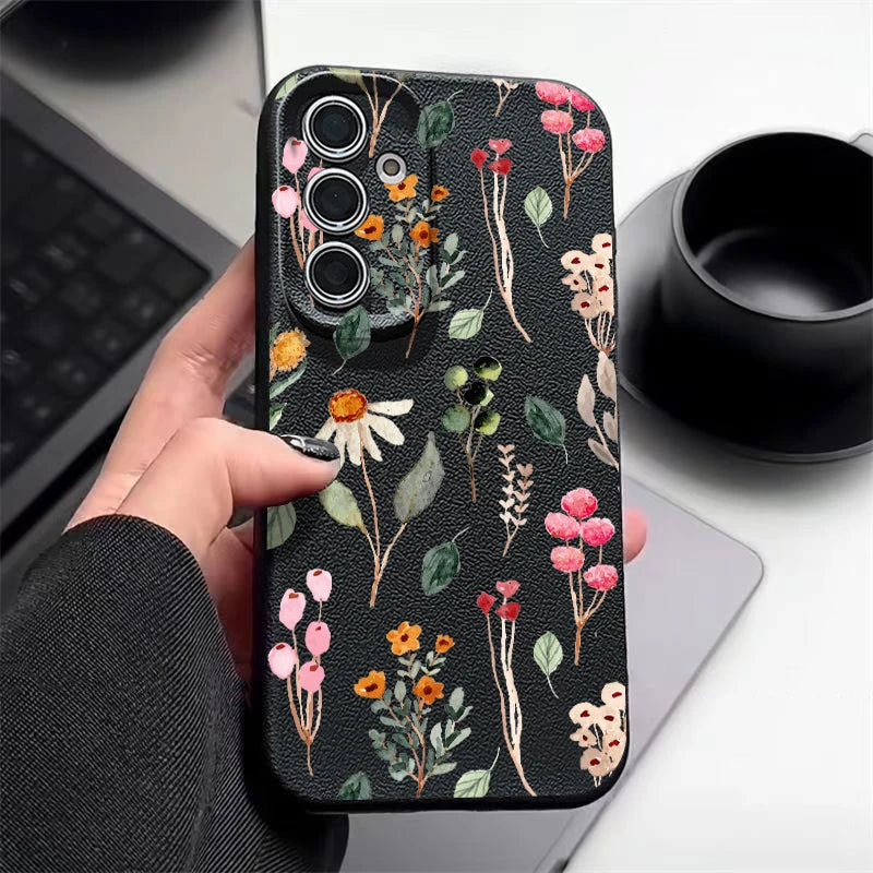 Small Flowers Leather Texture TPU Case For Samsung Galaxy A16 A55 A15 A54 A35 A25 A56 5G S24 FE S25 S23 S22 Ultra Phone Cover