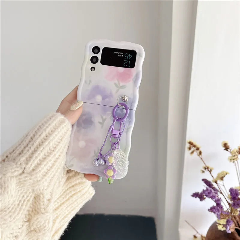 Cute Flower Pendant Phone Case For Samsung Galaxy Z Flip 3 4 5 5G Wave Shockproof Back Cover For Samsung Z Flip3 Flip4 ZFlip5