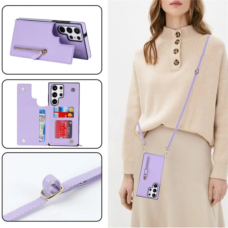 Crossbody Zipper Wallet with Card Holder Phone Case for Samsung Galaxy S23 S21FE S25 S24 S22 Plus Note 20 Ultra Leather Cover