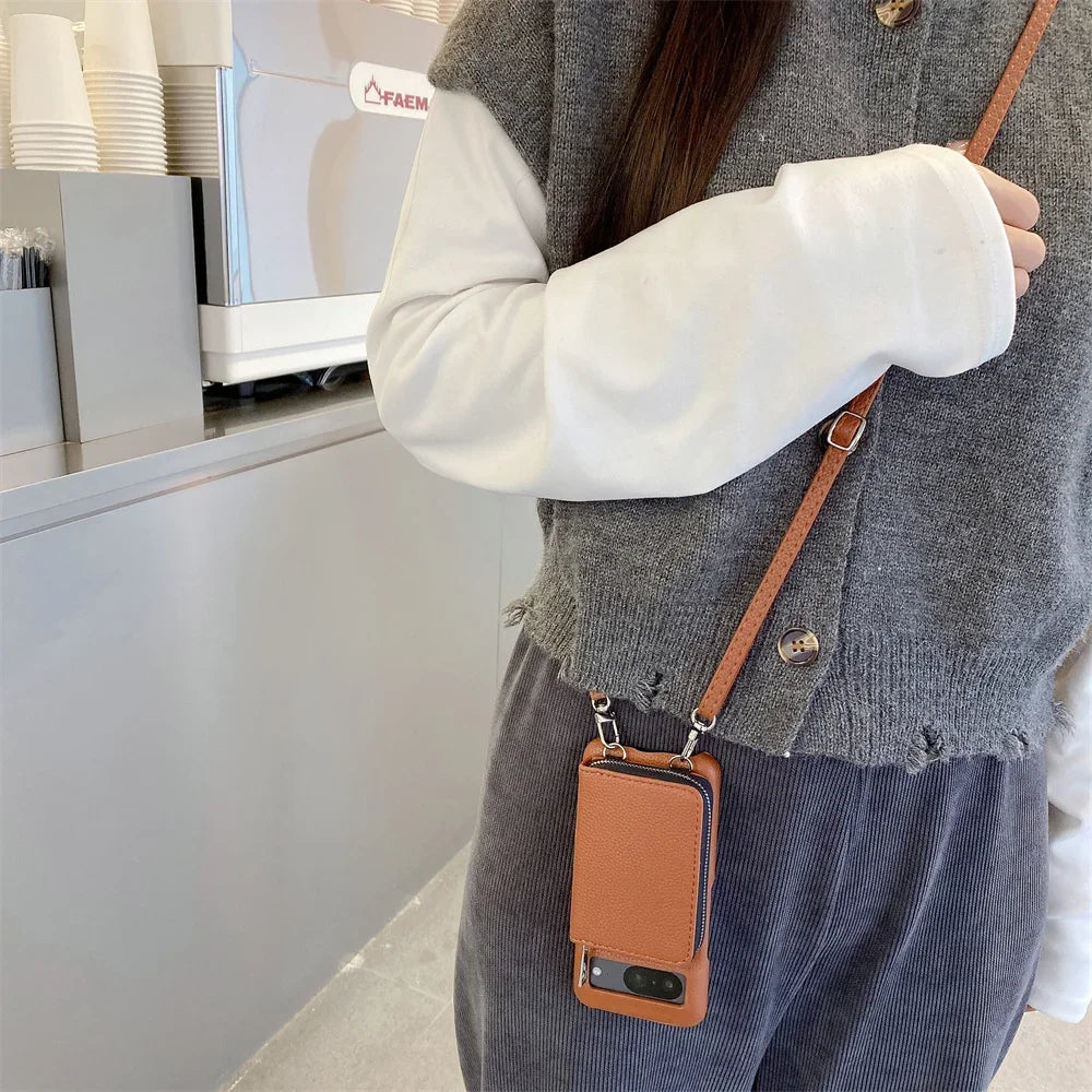 For Google Pixel 9 8 7 6 5 Pro XL 8 A 7A 6A Phone Case  Leather Litchi Wallet Card Bag Shoulder Strap Lanyard Stand Holder Cover