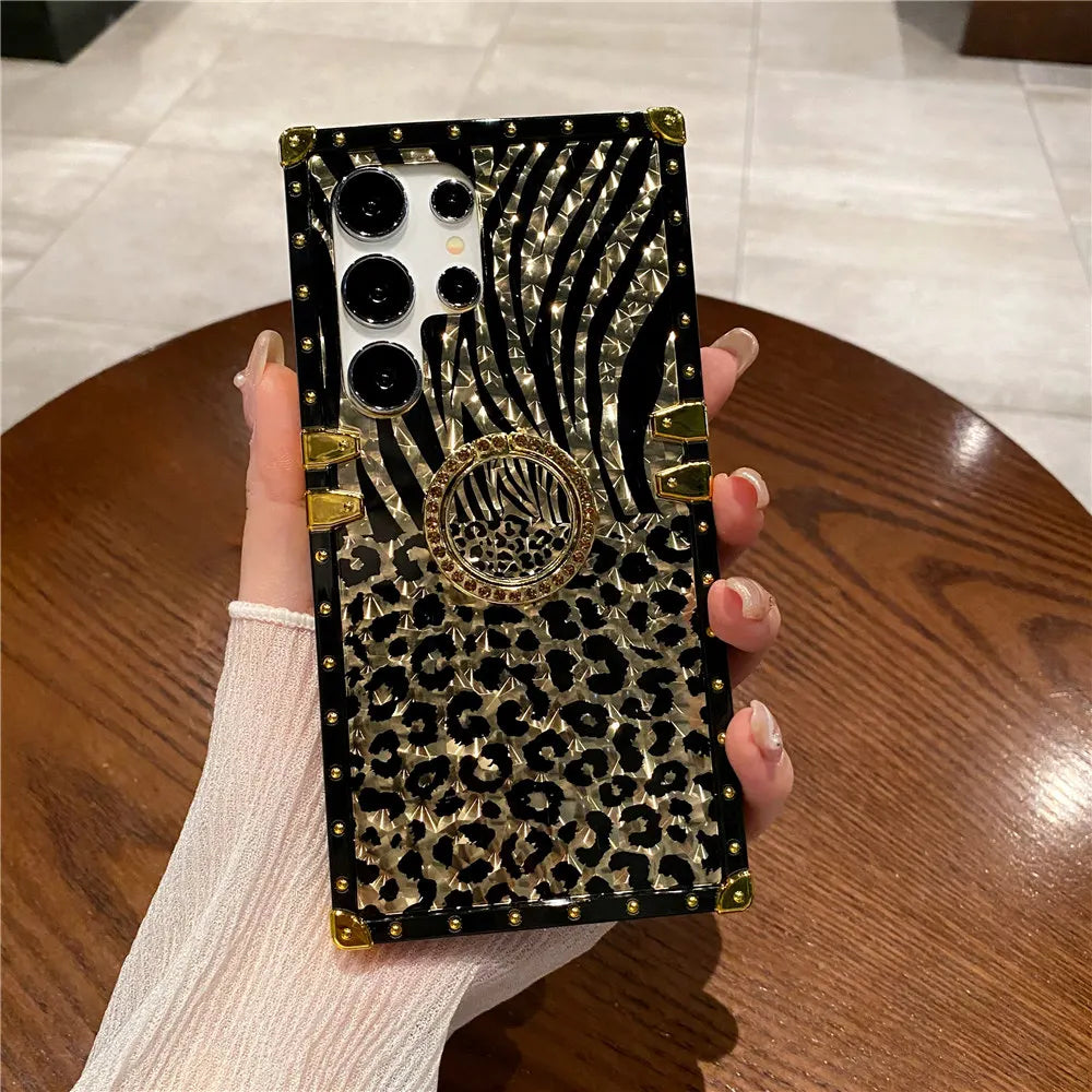 Feather Leopard Print Plating Flower Case For Samsung Galaxy S25 S23 S24 FE S22 S21 S20 A16 A26 A15 A25 A55 A54 Ring Cover