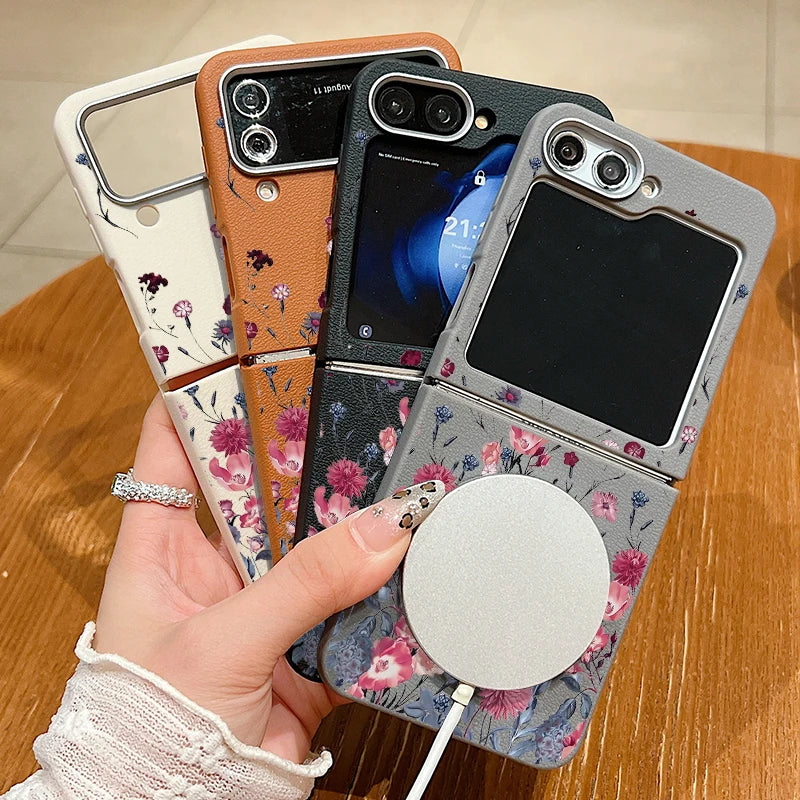 Purple Flower Print Case For Samsung Galaxy Z Flip 6 5 4 3 Magnetic For Magsafe Folding Cover For Samsung Z Flip6 Flip5 Flip4