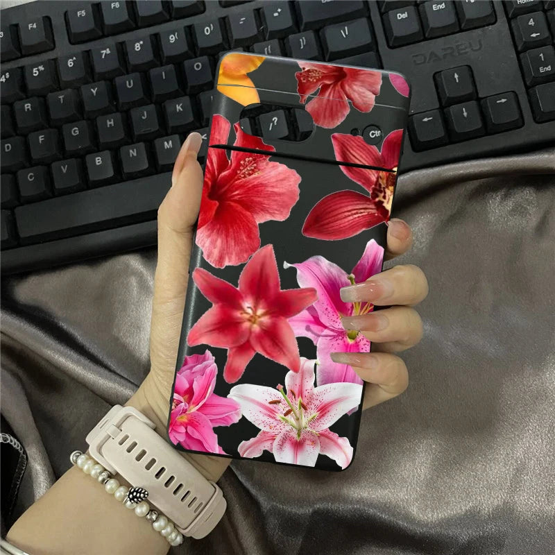 Elegant Pink Lily Pattern Phone Case For Google Pixel 8A 9 Pro XL 8 Pro 10 7 6A 5G Flower Hibiscue Transparent Soft TPU Cover