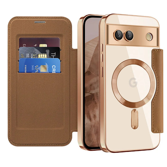 Luxury Leather Wallet Card Clip Magnetic Clear Phone Case for Google Pixel 9 Pro XL 8A 7A Plating Wireless Charging Flip Cover