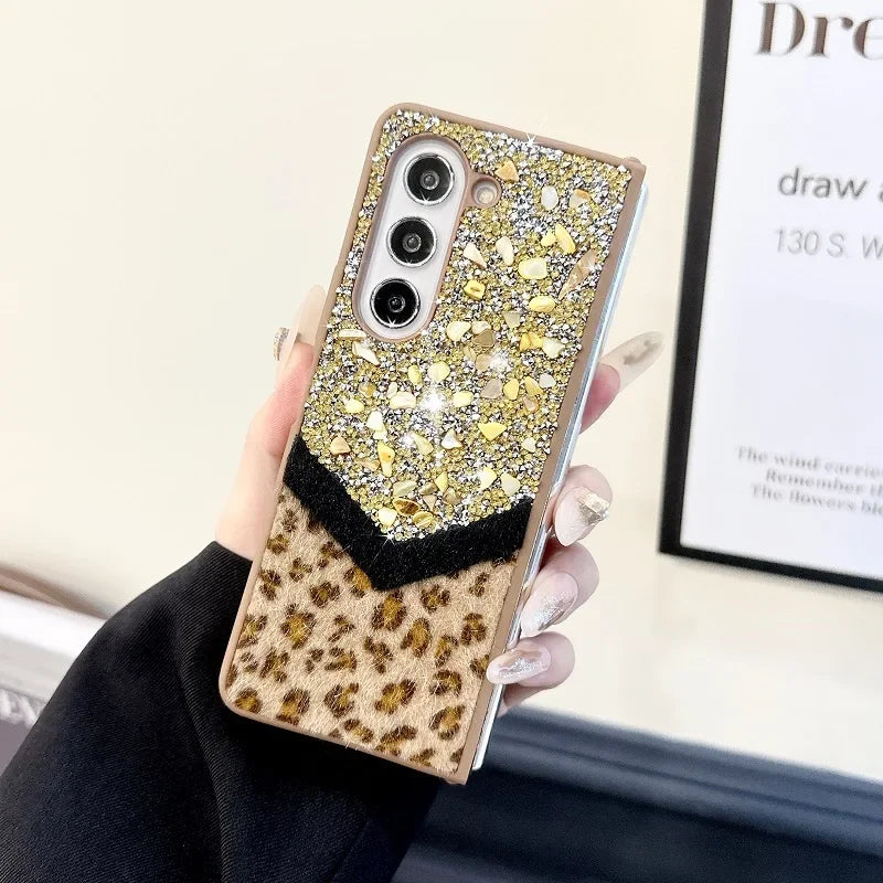 Luxury Bling Rhinestone Leopard Print Case For Samsung Galaxy Z Fold 6 5 4 3 5G Fold4 Fold5 Cover Fold6 Fashion Bracelet Shell