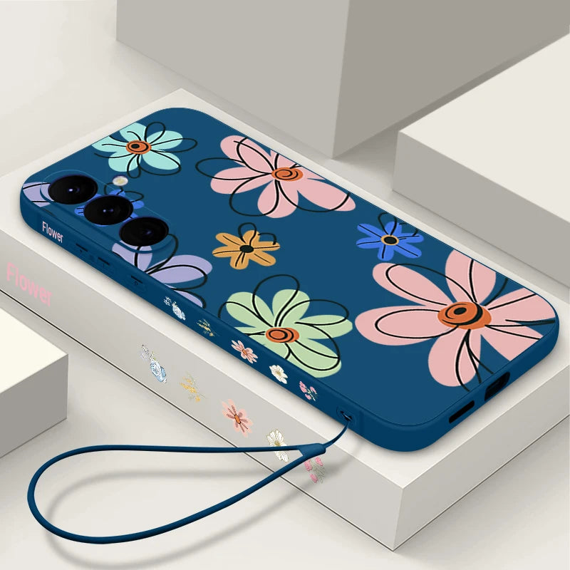 Cute Cartoon Flowers Lanyard Case For Samsung Galaxy S25 Ultra S24 S23 S22 Plus S21 FE A15 A16 A35 A36 A54 A55 A56 5G Capa Coque