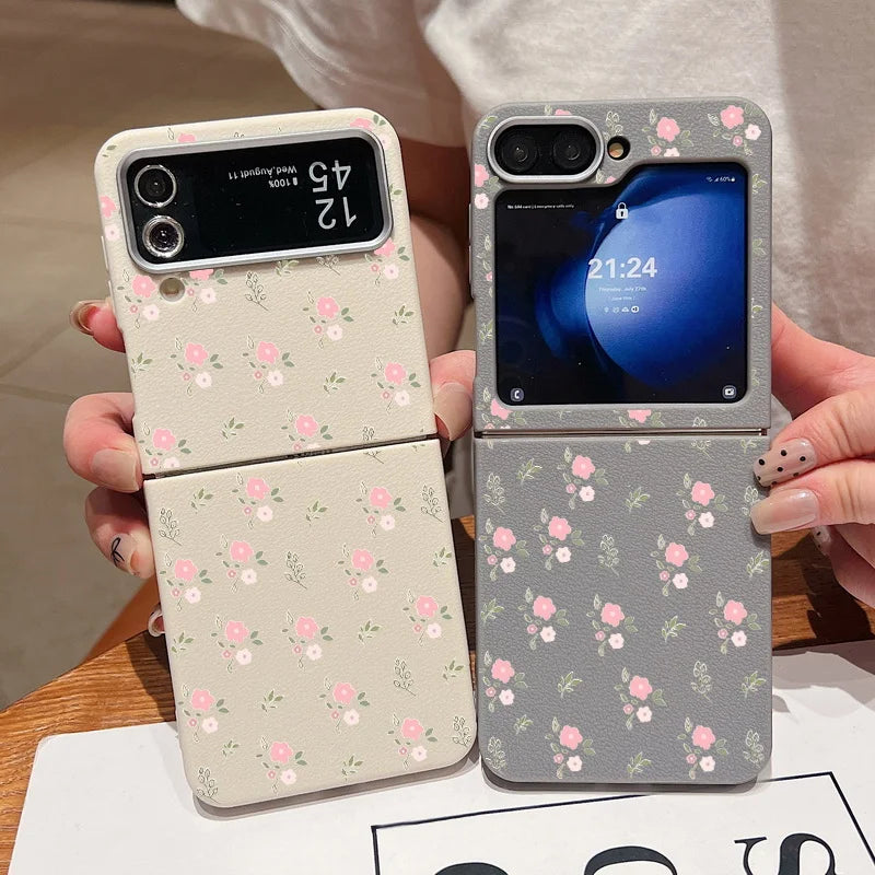 Small Pink Flower Case For Samsung Galaxy Z Flip 6 5 4 3 Leather Texture Silicone Folding Cover For Samsung Z Flip6 Flip5 Flip4