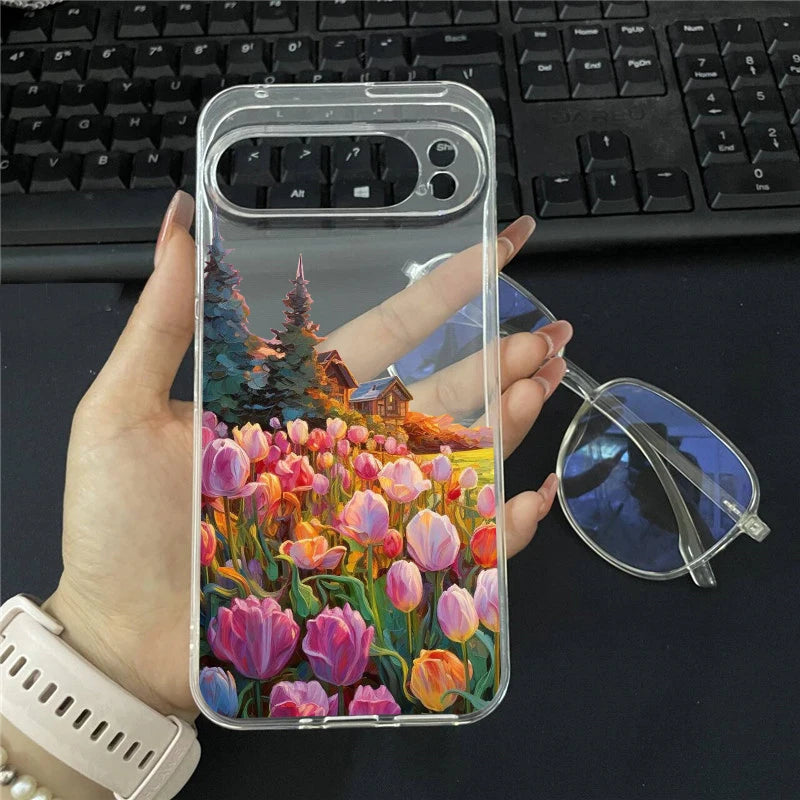 Coffe House Flower Landscape Phone Case For Google Pixel 9 Pro XL 10 8A 8 7 Pro 8 7 6A 5G Japan Anime Scenery Clear Soft Cover